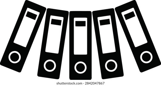 A set of five black office ring binders arranged in a row, representing organization, filing, and document management, isolated on a white background.
