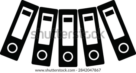 A set of five black office ring binders arranged in a row, representing organization, filing, and document management, isolated on a white background.