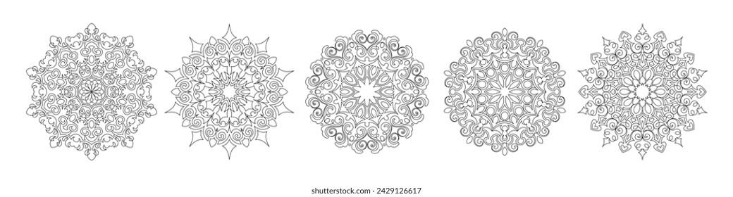 Set of five black ornamental round patterns on white background. Vector illustration.