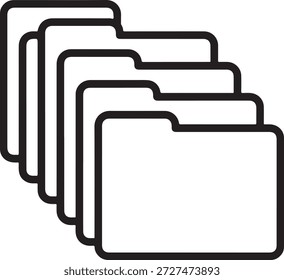 Un conjunto de cinco iconos de carpetas de archivos perfilados en negro apilados uno encima del otro sobre un fondo blanco en un estilo de arte lineal simple