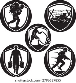 A set of five black silhouette icons featuring soldiers in training and combat scenarios, designed within shield emblems for military and tactical themes.