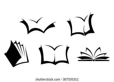 Set of five black silhouettes of books on a white background. Vector illustration.