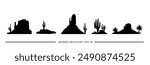 A set of five black silhouettes depicting iconic Arizona landscapes, featuring mountains, cacti, and palm trees.