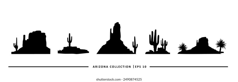 Conjunto de cinco siluetas negras que representan paisajes icónicos de Arizona, con montañas, cactus y palmeras.