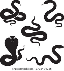 Set of five black snake silhouettes in various coiled and slithering poses