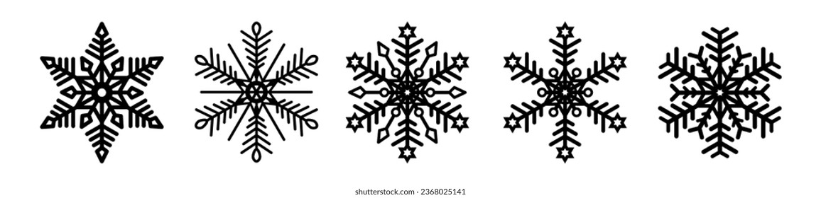 A set of five black snowflakes on a white background. The element of Christmas and New Year. The symbol of winter. Vector illustration.
