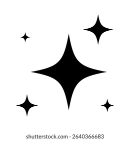 Set of five black sparkle star icons in various sizes. Flat vector template for decoration, highlight elements, or celestial design.