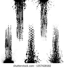 Set of five black splash tire tracks isolated on white background