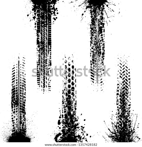 Set of five black splash tire tracks isolated\
on white background