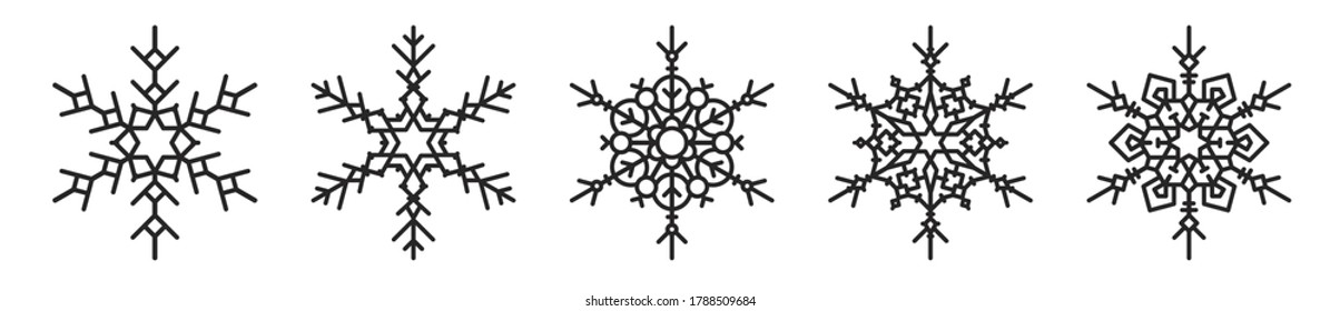 Conjunto de cinco elegantes copos de nieve de invierno. Navidad, siluetas de iconos de Año Nuevo para su diseño.