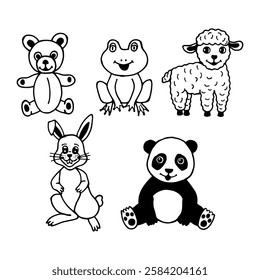 Set of five black and white cartoon animal illustrations including teddy bear, frog, lamb, rabbit, and panda. Vector stock illustration eps10. Outline, hand drawn.