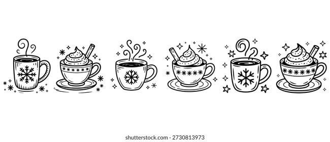 set of five black and white line drawings of hot winter drinks with steam and snowflakes hot chocolate and coffee