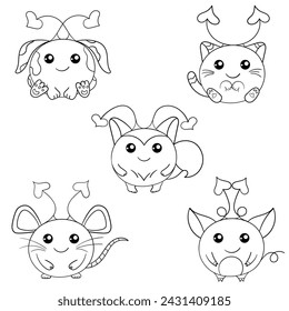 Set of five black and white monsters. Round dog, cat, fox, rat, piglet with heart-shaped horns. Flat style illustration for colouring.  