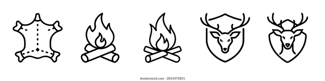 A set of five black and white outline icons representing outdoor adventure and wilderness themes. The collection includes a deer head with antlers in a shield, two variations of a campfire with logs, and an animal hide or pelt.