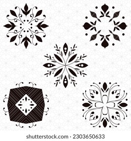 Set of five black and white patterns. Minimalist vintage symmetrical elements for packaging design, interior design. Monochrome vector illustration with geometric shapes, stripes, dots.