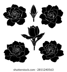 A set of five black and white rose flower silhouettes including roses and a bud, ideal for artistic and decorative projects.