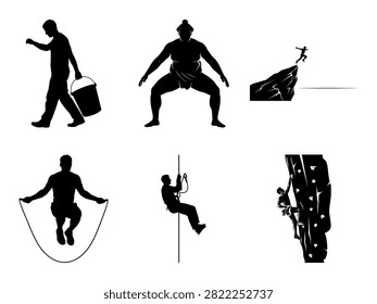 A set of five black and white silhouette vector illustrations showcasing various physical exercises and activities. The images include a person carrying a bucket, a weightlifter in a squat position, a person jumping rope, a climber on a rope, and a figure performing a gymnastics vault. These icons are versatile for use in fitness, health, sports, and instructional content.