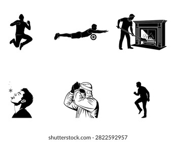 A set of five black and white vector icons illustrating various humorous or perilous situations. The icons depict a person jumping and slipping, someone under a rolling wheel, a person being hit by a shovel near a fireplace, a man fainting or being hit by an invisible object, and a person getting hit in the face while walking. These icons are ideal for illustrating caution, humor, or accident themes in a clean and simple style.