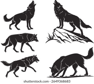 Set of five black wolf silhouettes showing different poses and actions in nature