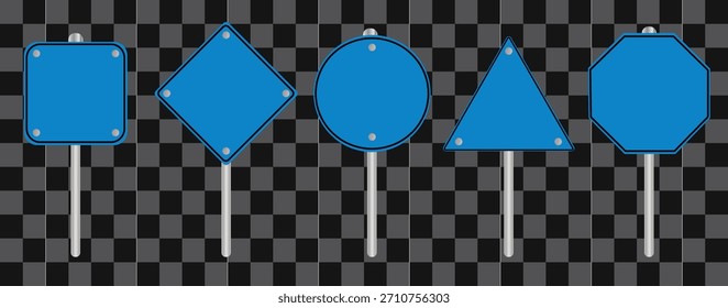Conjunto de cinco señales de tráfico en blanco azul con diferentes Formas geométricas en el poste