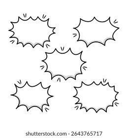 Um conjunto de cinco balões de fala em branco, com contornos irregulares, sombras sutis e linhas de ênfase dinâmicas. Ideal para diálogos de desenho animado, anúncios explosivos ou adicionar um expressivo.