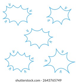 A set of five blank comic burst speech bubbles with jagged outlines, subtle shadows, and dynamic emphasis lines. Ideal for cartoon dialogue, explosive announcements.