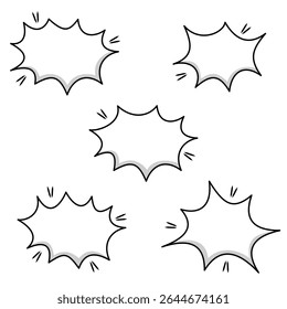 A set of five blank comic burst speech bubbles with jagged outlines, subtle shadows, and dynamic emphasis lines. Ideal for cartoon dialogue, explosive announcements, or adding an expressive.