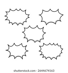 A set of five blank comic burst speech bubbles with jagged outlines and subtle shadows. vector illustration.