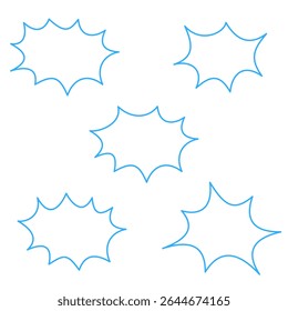 Um conjunto de cinco bolhas de fala em branco de estouro de quadrinhos com contornos azuis irregulares e pontiagudos. Ideal para adicionar um toque dinâmico e vibrante a diálogos de desenho animado, anúncios ou qualquer projeto de design gráfico.