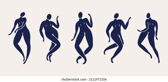 Set of five blue abstract female bodies. Matisse style. Silhouettes of dancing women.