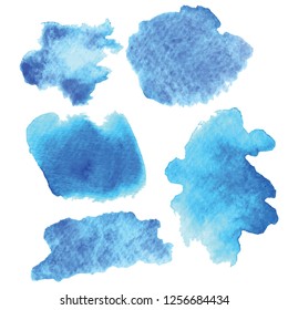 A set of five blue, artistic. hand drawn water color texture looks like faded jeans, for various use. 