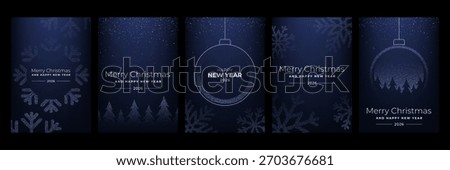 Set of five blue christmas social media posts or story templates with snowflakes, christmas tree and ornament designs for greeting card.