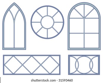 Set of five blueprints of decorative vector window designs