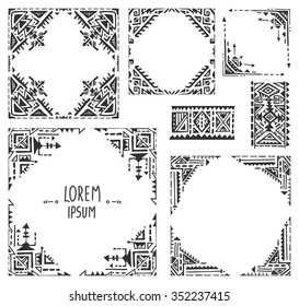 Set of five borders with tribal art boho hand drawn geometric patterns. Ethnic print  in black and white style. Frames for greeting card, invitations and other.