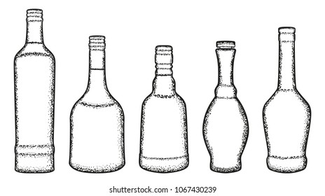 Set of five bottles of alcoholic beverages. Black and white.