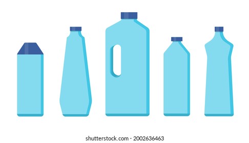 Conjunto de cinco botellas de productos de limpieza domésticos de estilo plano. Ilustración vectorial.