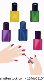 Set of five bottles of nail polish - female hands - applying manicure - isolated on white background - vector