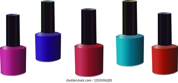 A set of five bottles of nail polish in different colors. White background. Vector illustration.
