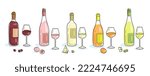 Set of five bottles of wine with glasses and snacks. Handmade picture in line style. Black contour with colored spots. Isolated on white background.  Vector flat illustration. Template for menu design