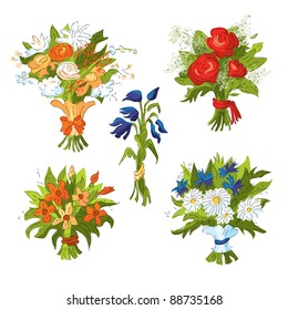 A set of five bouquets of flowers, isolated on a white background.