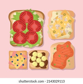 set of five breakfast toasts