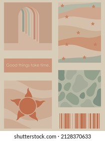 Eine Reihe von fünf hellen ästhetischen Plakaten. Minimalistische Plakate mit positiven Phrasen für Social Media, Cover Design, Web. Vintage-Illustrationen mit Landschaft, Mustern, geometrischen Formen, Punkten, Linien.