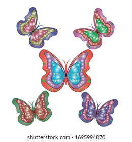 un conjunto de cinco mariposas brillantes. ilustración vectorial.
