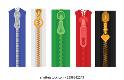Set Of Five Bright Colorful Closed Zippers Vector Illustration