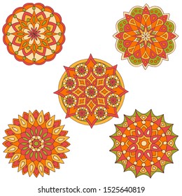 Set of five bright solar mandalas on a white background