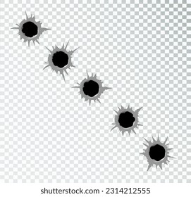 Set of five bullet holes. Isolated on white transparent background. Vector eps 10.
