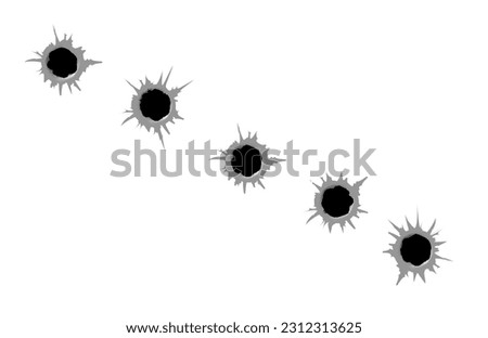 Set of five bullet holes. Isolated on white transparent background. Vector eps 10.