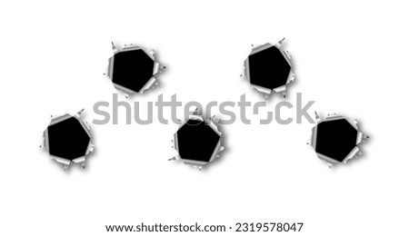 Set of five bullet holes. Isolated on white transparent background. Vector eps 10.