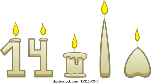 Set of five burning candles of different shapes