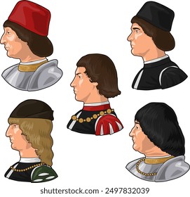 Set of Five Busts of European Nobleman or Leaders of 15th Century or Late Medieval or Renaissance , Isolated on White Background, EPS 10 Vector